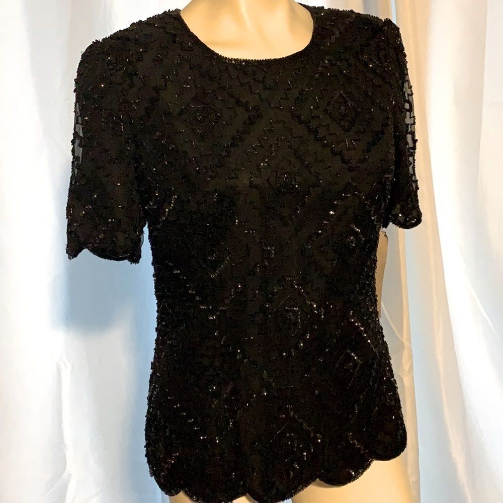 VTG black silk sequined top. Medium